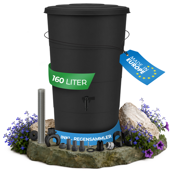 Regentonne mit Fallrohr Anschluss Set – 80, 160 oder 200 Liter Komplettlösung
