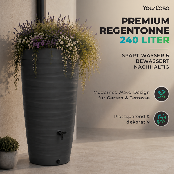 Regentonne 240 Liter – YourCasa Wave-Design mit Auslaufhahn