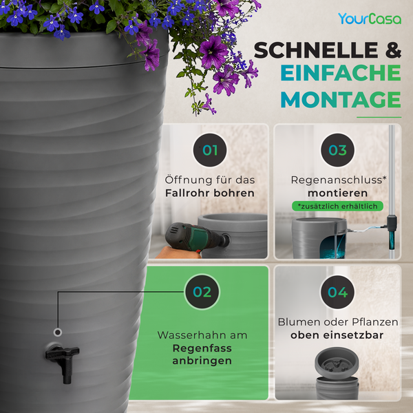 Regentonne 240 Liter – YourCasa Wave-Design mit Auslaufhahn