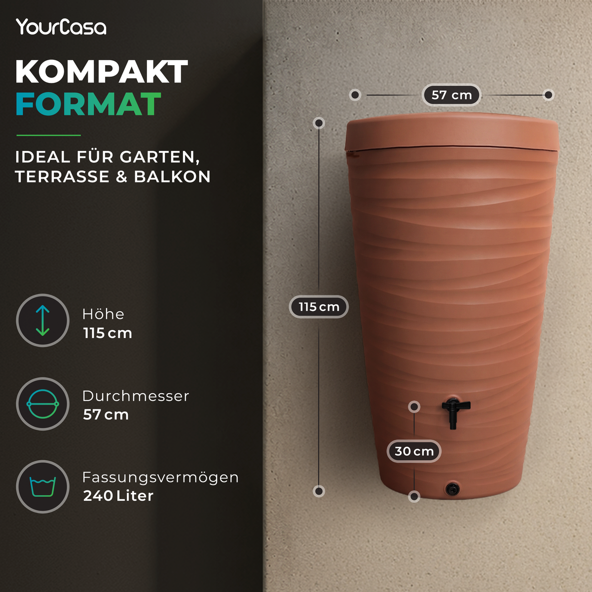 Regentonne Wave 240 Liter Detailansicht Auslaufhahn – YourCasa