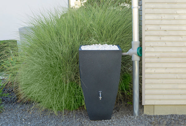 Moderne Regenwasser-Sammeltonne neben Ziergras an einem Haus aufgestellt mit angeschlossenem YourCasa® Anschlussschlauch 32mm für Regensammler inklusive Handbohrer von yourcisade.com.