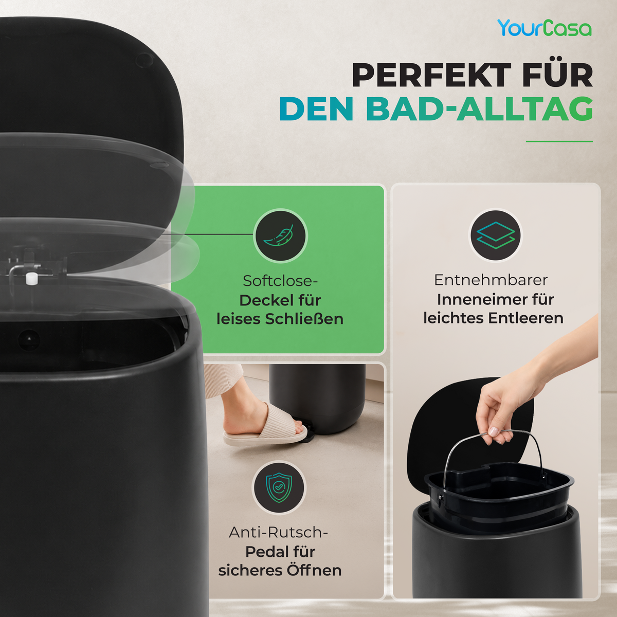 Anti-Rutsch-Matte am Boden des Kosmetikeimers für sicheren Stand