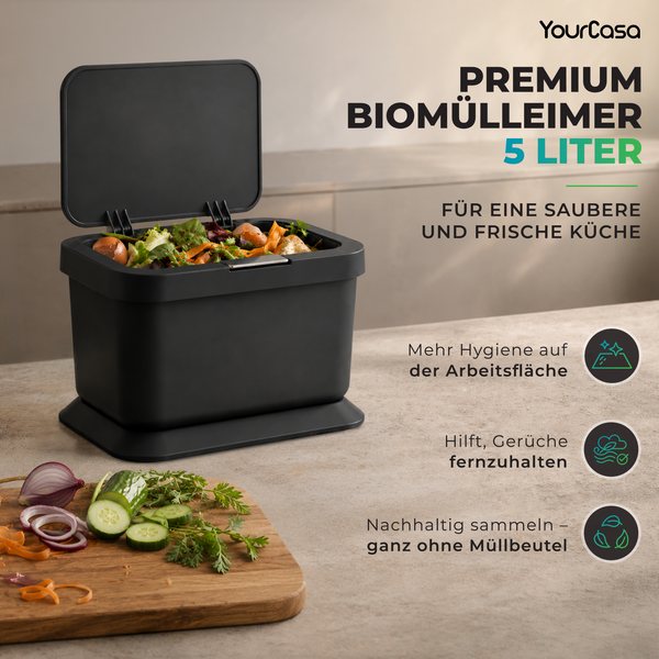 Bioabfalleimer 5 L – Küchenabfallbehälter mit Einhand-Pushdeckel, geruchsdicht & rutschfest