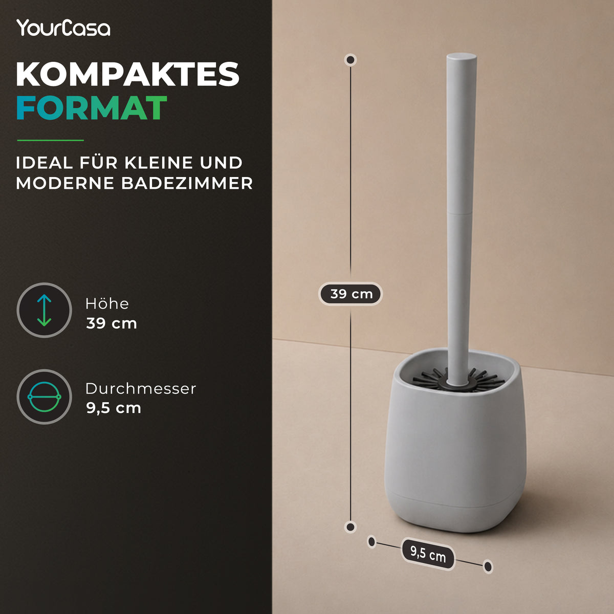 Maße: 39 cm hoch, 9,5 cm Durchmesser – kompakte WC-Bürste für kleine Bäder