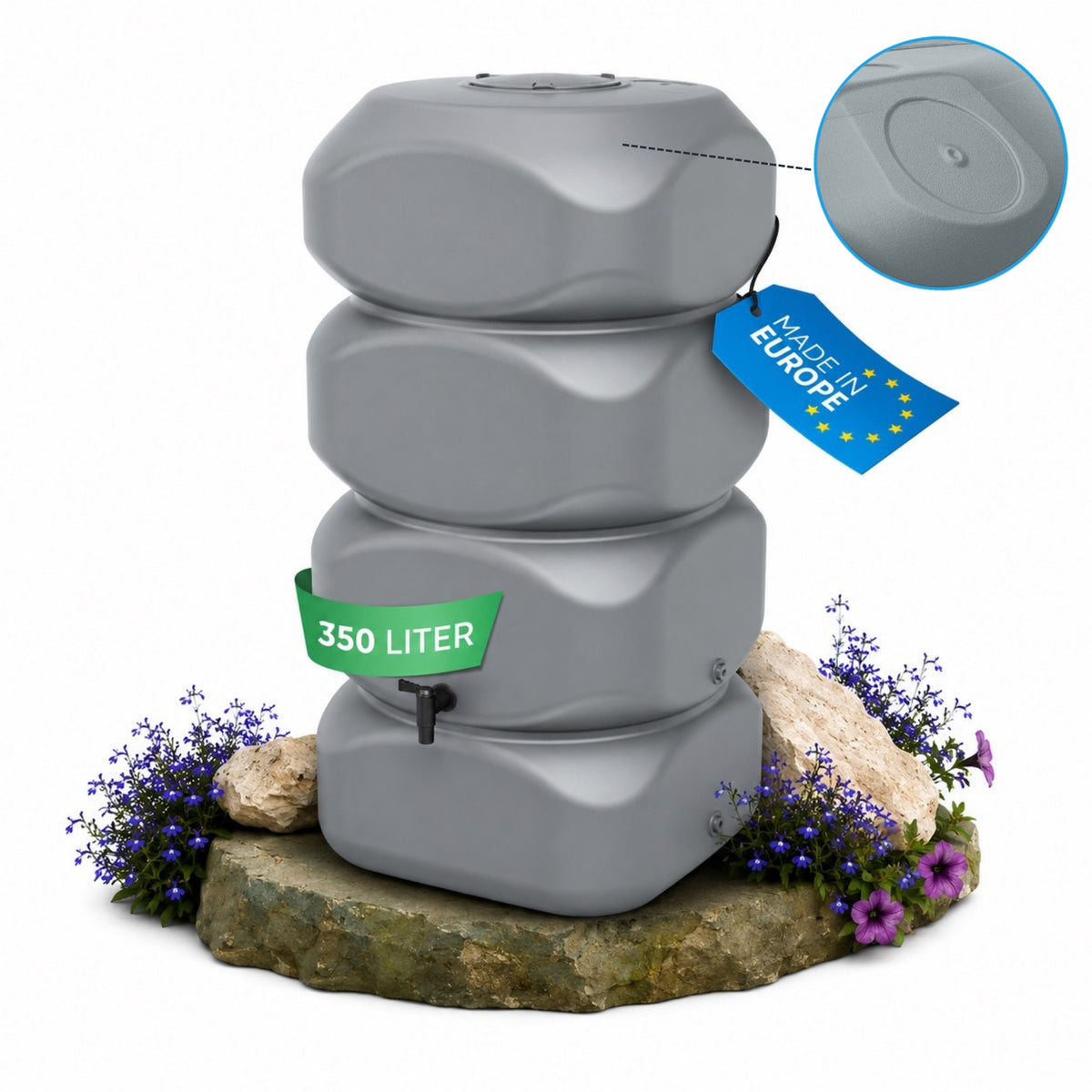 Aqua Block Regentonne 350L Grau – schmaler Wandtank für Garten und Terrasse, Made in Europe