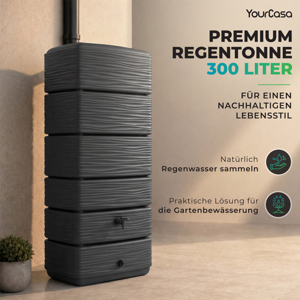 AquaWall Regentonne 300 Liter Anthrazit – Schlanke Wandtonne schmal & platzsparend mit Regensammler Set