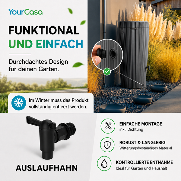 EcoVase Regentonne 210 Liter – Bepflanzbar | Mit Wasserhahn | Frostsicher