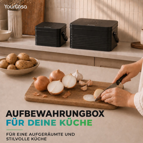 Storra Kartoffel Aufbewahrungsbox & Zwiebel Aufbewahrung Set – 2-teilige Vorratsbox aus Metall für Kartoffeln, Zwiebeln und Knoblauch