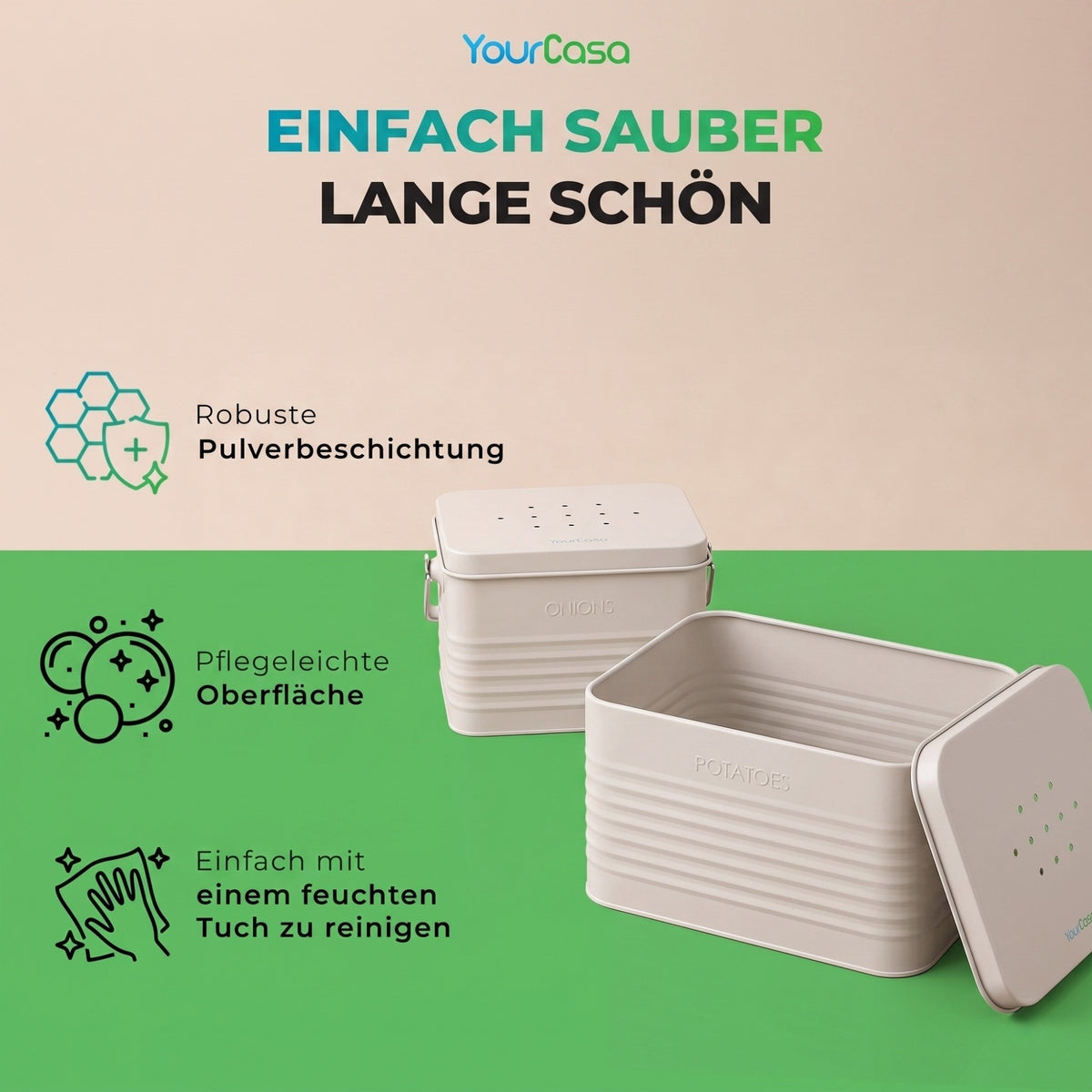 Pulverbeschichtung der Storra Zwiebel- und Knoblauchbehälter – einfach zu reinigen