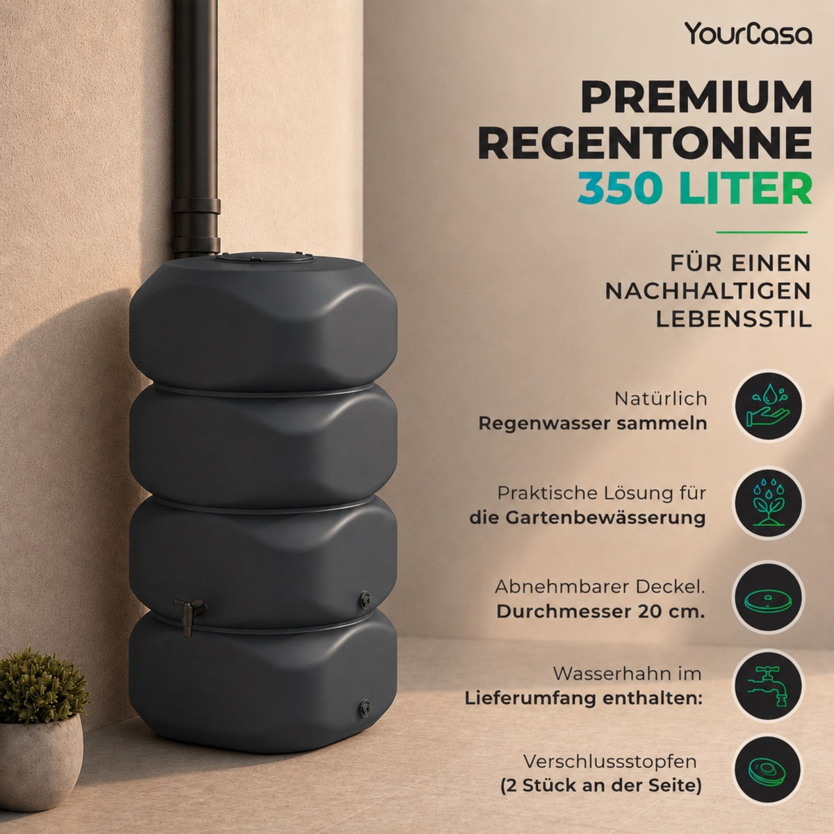Premium Regentonne 350 Liter Anthrazit – Infografik mit Deckel, Wasserhahn und Verschlussstopfen