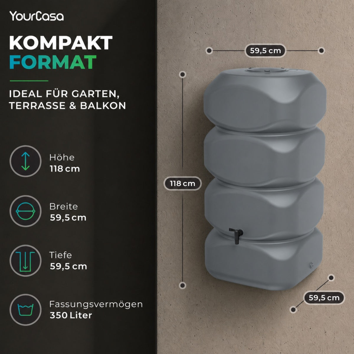 Aqua Block Regentonne Kompaktformat – Maße 59,5 x 59,5 x 118 cm, 350 Liter Fassungsvermögen