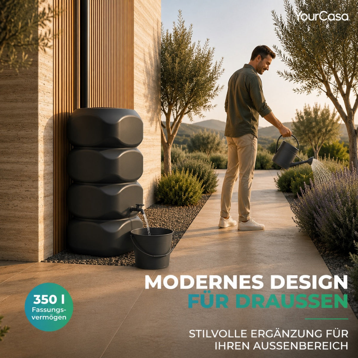 Aqua Block Regentonne im Garten – modernes Design für nachhaltige Regenwassernutzung