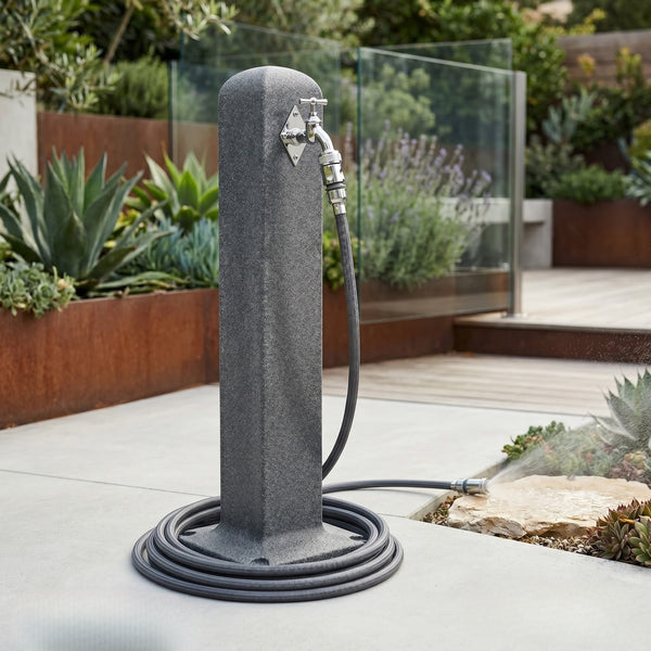 Stoneflow Wasserzapfsäule Poller Granit-Optik – 90 cm Gartenwassersäule mit Wasserhahn & Schlauchanschluss