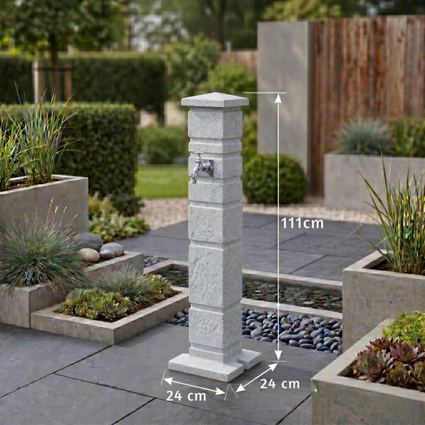 Classic Wassersäule Garten Granit-Optik – 111 cm Römische Wasserzapfsäule mit 3/4-Hahn & Aufbewahrungsbox