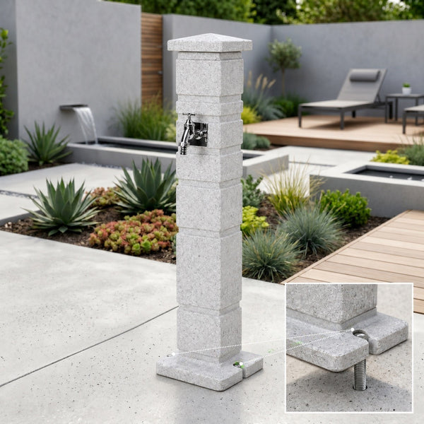 Classic Wassersäule Garten Granit-Optik – 111 cm Römische Wasserzapfsäule mit 3/4-Hahn & Aufbewahrungsbox