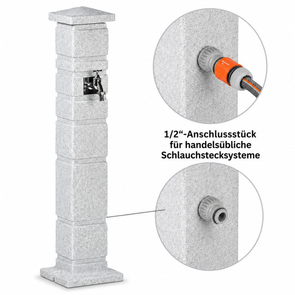 Classic Wassersäule Garten Granit-Optik – 111 cm Römische Wasserzapfsäule mit 3/4-Hahn & Aufbewahrungsbox