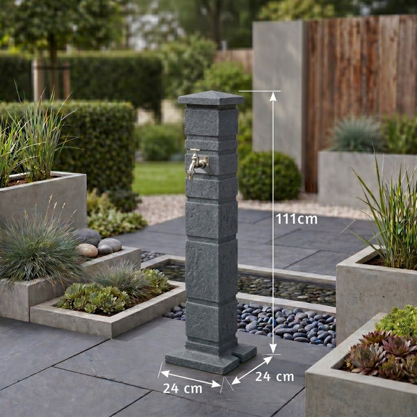 Classic Wassersäule Garten Granit-Optik – 111 cm Römische Wasserzapfsäule mit 3/4-Hahn & Aufbewahrungsbox