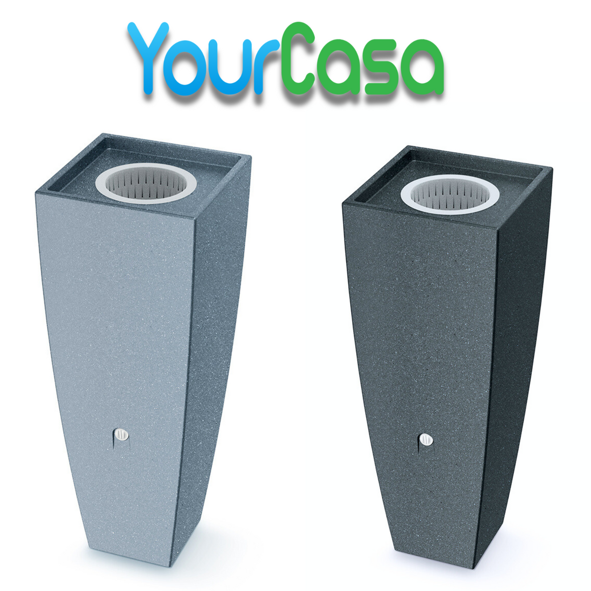 Zwei graue und dunkelgraue rechteckige Vasen mit runder Öffnung ähneln eleganten YourCasa Regentonne 100-200 Liter [PureFlow] von yourcisade.com, mit buntem „YourCasa“-Text darüber.