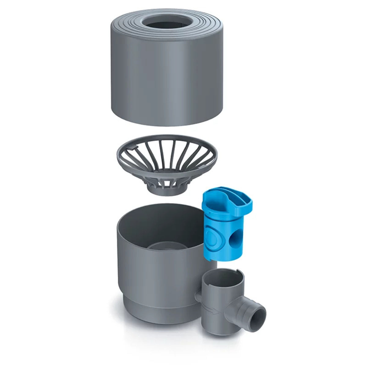 Explosionszeichnung des YourCasa® Regensammlers [Downpipe50] mit Absperrhahn und Filter von yourcisade.com, mit zylindrischem Deckel, Filterkorb, blauem Ventileinsatz, Wassersammler für Regentonne und Rohranschlüssen.