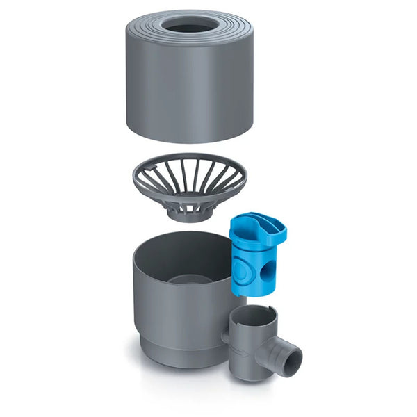 Explosionszeichnung des YourCasa® Regensammlers [Downpipe50] mit Absperrhahn und Filter von yourcisade.com, mit zylindrischem Deckel, Filterkorb, blauem Ventileinsatz, Wassersammler für Regentonne und Rohranschlüssen.
