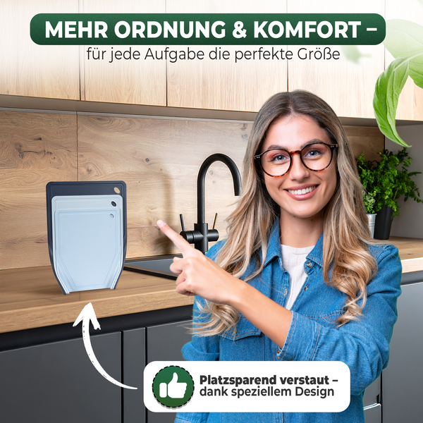 3x Schneidebrett Kunststoff Set - BPA frei -Trichterform & Saftrille - Küchenbrett Rutschfest & Spülmaschinenfest - Cutting Board - Schneidematte Küche Brettchen
