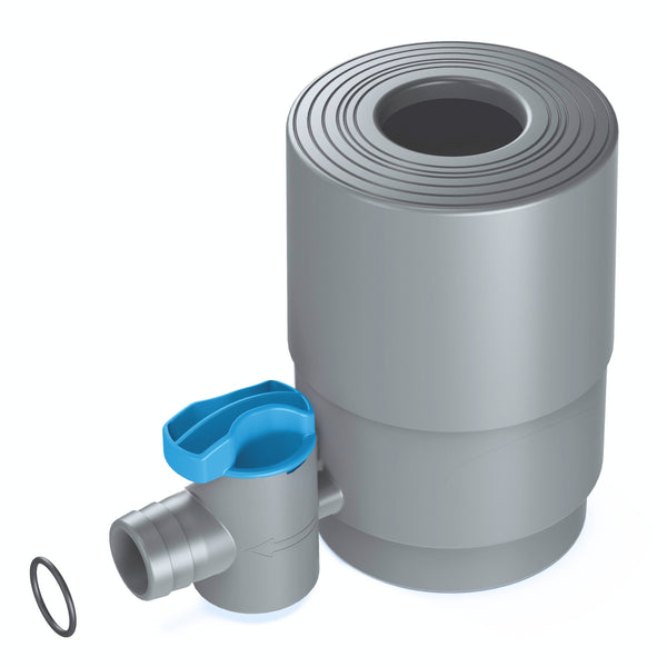 Der YourCasa® Regensammler [Downpipe50] von yourcisade.com ist eine graue zylindrische Wasserfilterpatrone mit blauem Absperrhahn und separatem schwarzen O-Ring, perfekt für den einfachen Regentonne-Anschluss.