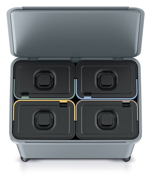 Vier modulare Bento-Boxen in einer offenen, tragbaren Kühlbox mit YourCasa® Mülltrennsystem mit 2-4 Fächern [20-40L] - Effiziente Mülltrennung mit exklusivem Design von yourcisade.com.