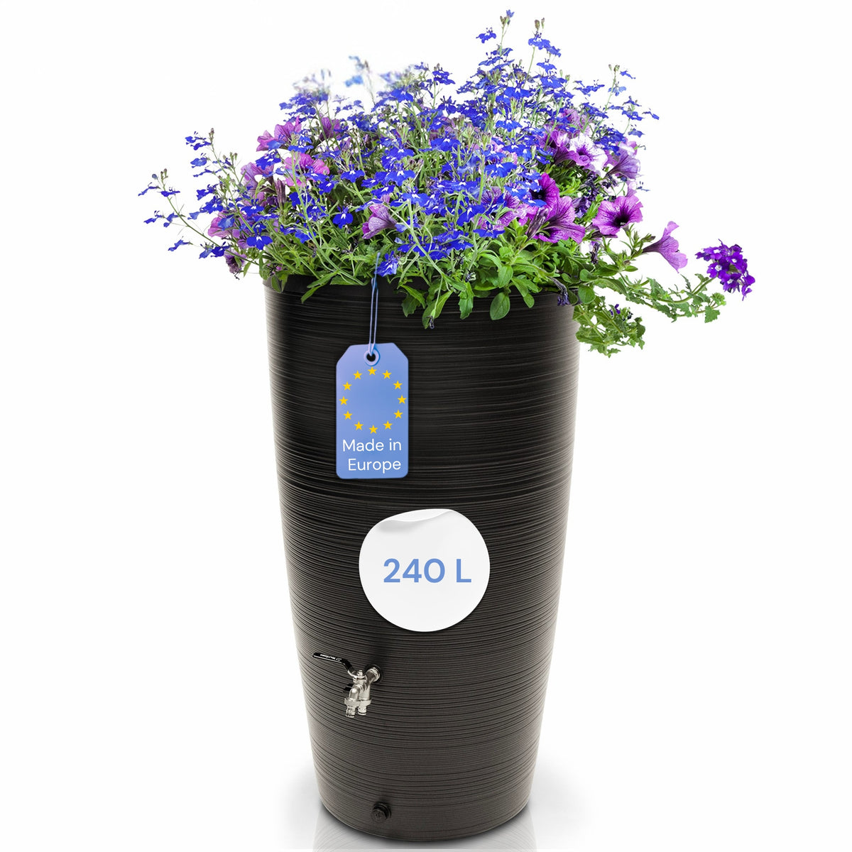 Regentonne 240 Liter Aquasplash Midnight mit Messing-Wasserhahn – YourCasa