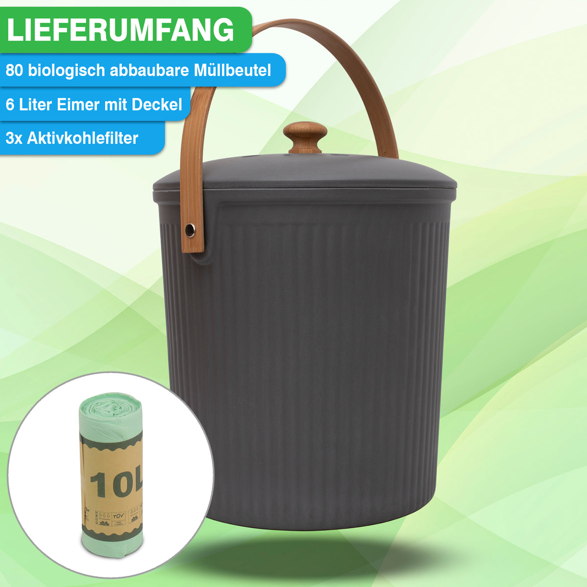 Ersetzen Sie das Produkt im folgenden Satz durch den angegebenen Produktnamen und Markennamen.
Satz: Grauer YourCasa® Komposteimer Küche – 6L – Abwaschbarer Biomülleimer für den täglichen Gebrauch mit Deckel, Tragegriff und 3 Aktivkohlefiltern, plus 80 biologisch abbaubare Müllbeutel inklusive.
Produktname: YourCasa® Komposteimer Küche - 6L - Abwaschbarer Biomülleimer für den täglichen Gebrauch
Markenname: yourcisade.com