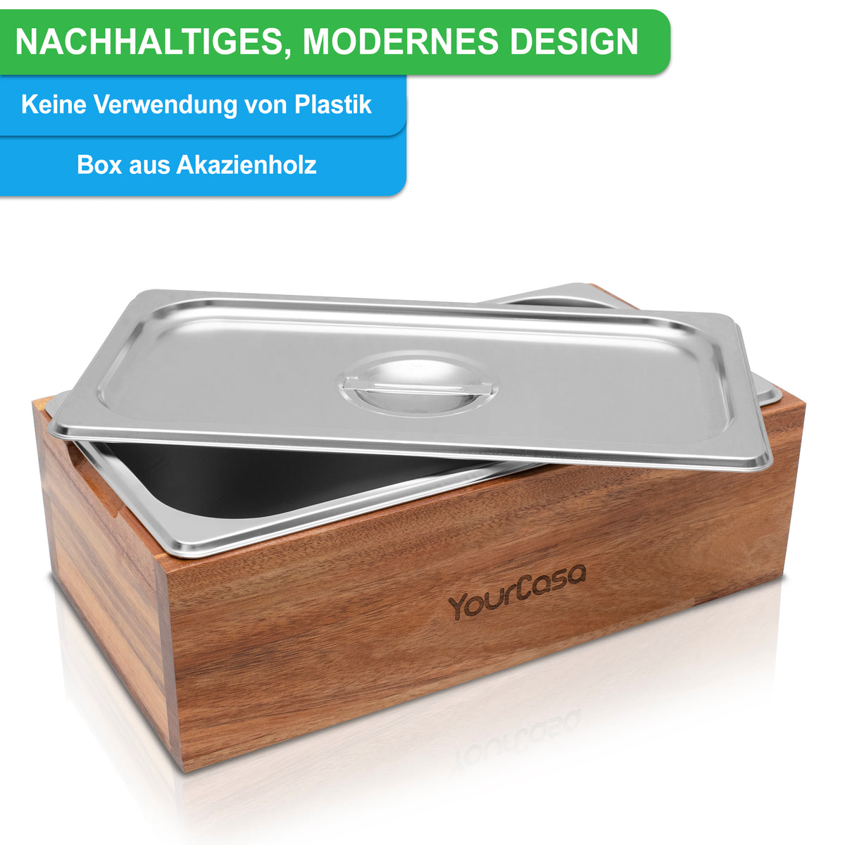 Modern gestalteter Komposter mit spülmaschinentauglicher Edelstahl-Abdeckung und Akazienholz-Unterbau, Aufschrift „yourcisade.com“.
