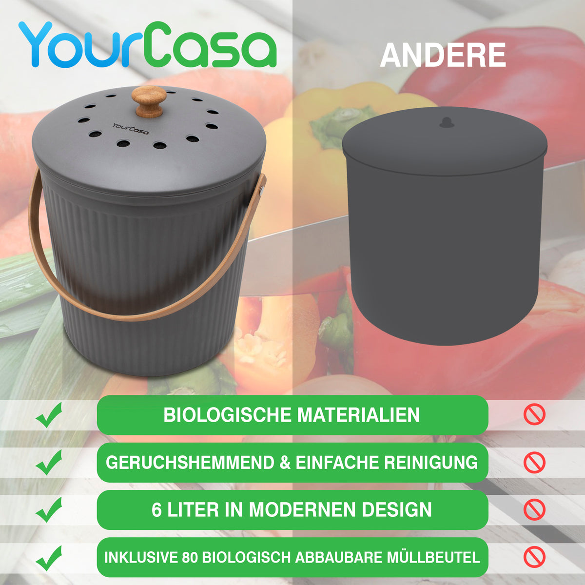 Vergleichsanzeige, die den Biomülleimer Küche - 6L - Abwaschbarer für den täglichen Gebrauch der Marke yourcisade.com gegenüber einer unscheinbaren Alternative hervorhebt.