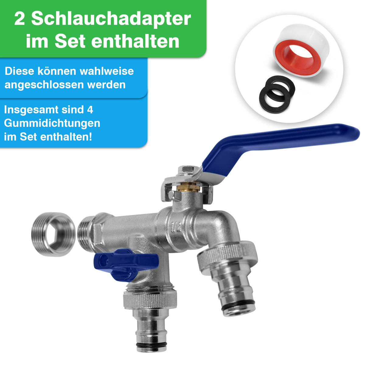 Abbildung eines Metallschlauchadapters mit zwei Schlauchanschlüssen und blauen Hebeln, zusammen mit Dichtungen und einem Adapterring. Auf dem grünen Etikett steht „2 Schlauchadapter im Set enthalten“ und ein blaues Etikett enthält Details zur Verwendung mit Ihrer YourCasa Regentonne 240 Liter [Seabreeze Flower] – Nachhaltige Bewässerung im Garten von yourcisade.com.