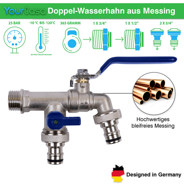 YourCasa Regentonne 240 Liter [Seabreeze Flower] – Nachhaltige Bewässerung im Garten, ideal für nachhaltige Bewässerung. Der deutsche Text beschreibt die Spezifikationen: 25 BAR, -10 °C bis 85 °C, 365 Gramm, entwickelt in Deutschland. Das Bild zeigt Rohrverbindungen und Verbindungsdiagramm, perfekt für die Verwendung mit einem Wassertank oder einer Regentonne.

