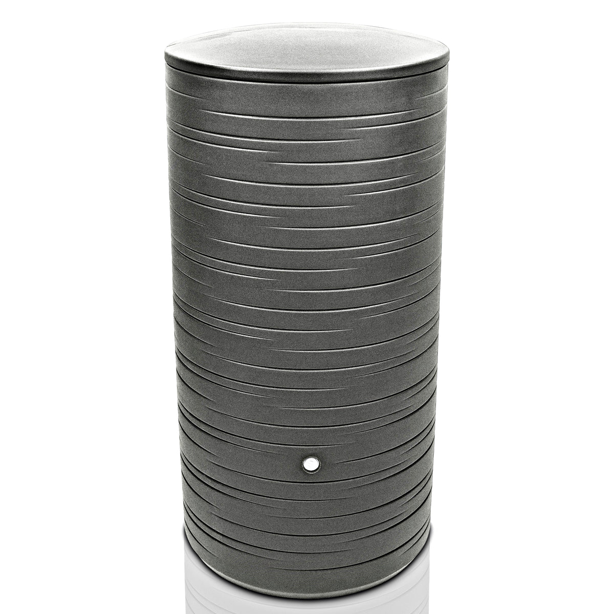 Moderne zylindrische Regentonne YourCasa 280 Liter [PureRain] mit Lagendesign auf weißem Hintergrund.