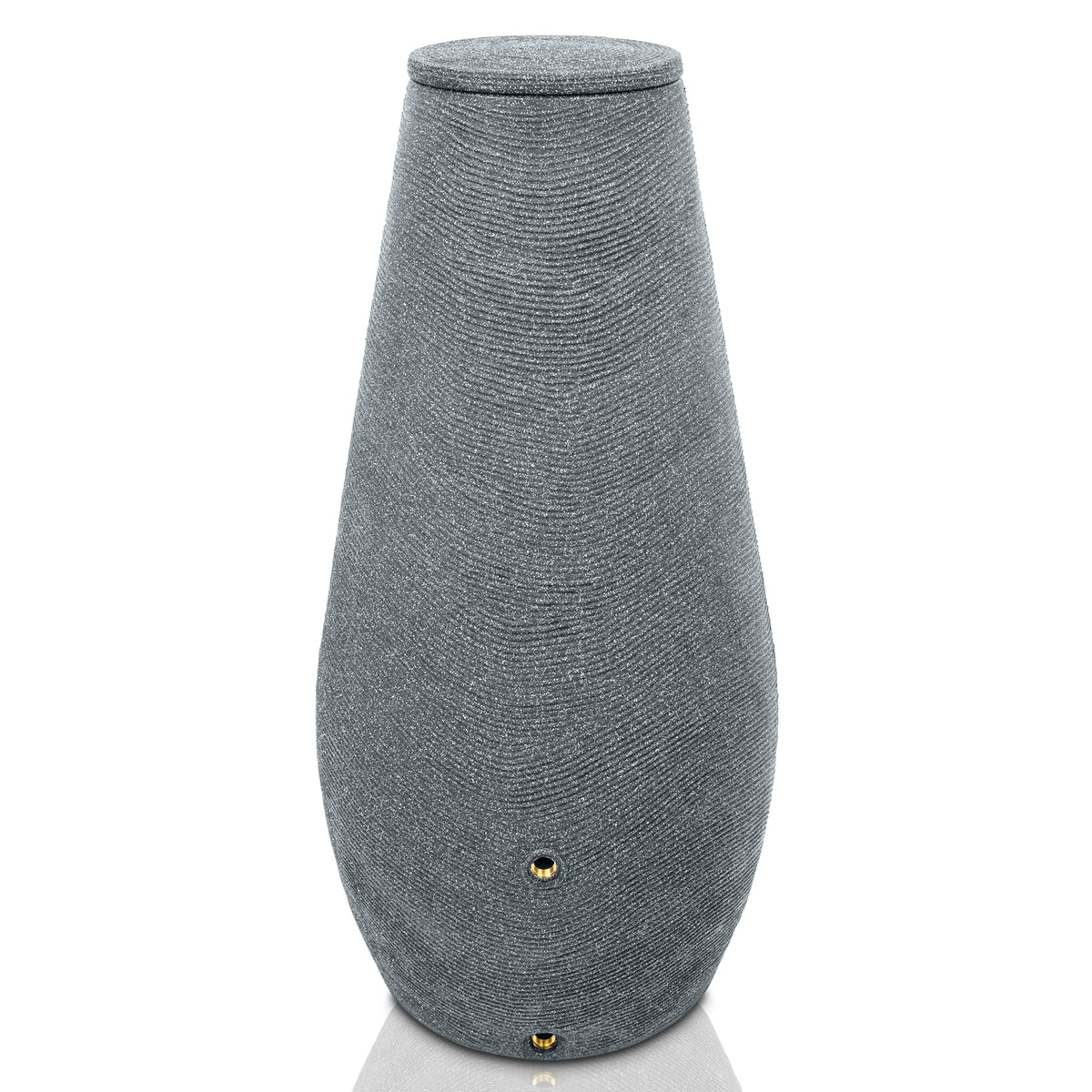 Mit strukturiertem grauem Stoff überzogener Smart Speaker mit YourCasa Regentonne 200 Liter [EcoDrop] – Nachhaltige Gartenbewässerung auf weißem Hintergrund.