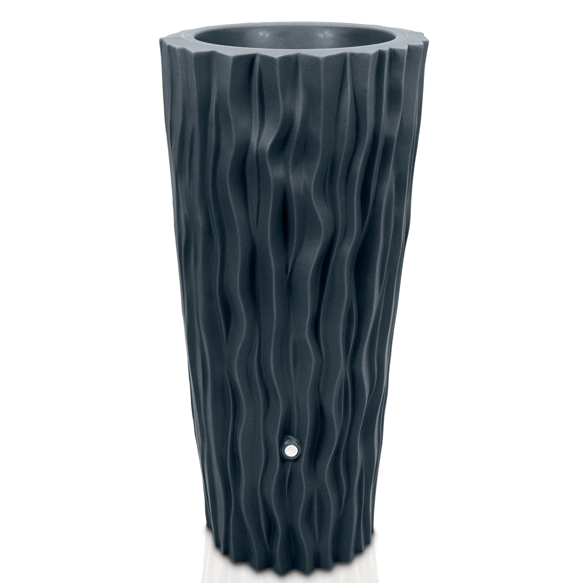 Eine hohe, wellenförmig gestaltete, schwarze freistehende Bodenvase für YourCasa Regentonne 160 Liter [AquaDesign Flower] – Frostsicher und UV-beständig von yourcisade.com.