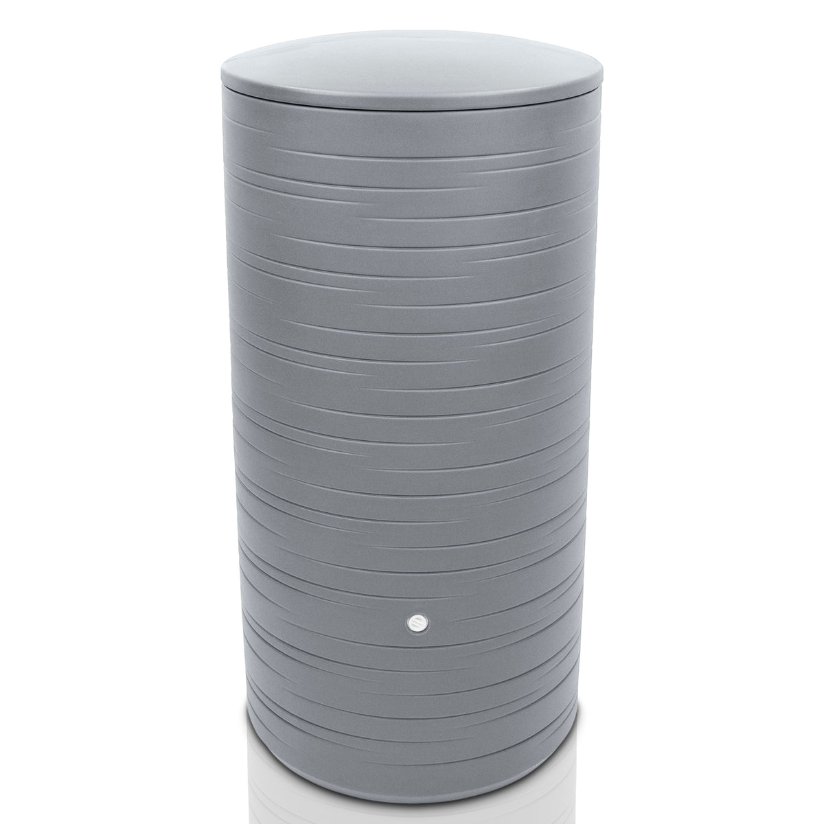 Eine moderne, graue, zylindrische YourCasa Regentonne 280 Liter [PureRain] mit geriffeltem Design auf weißem Hintergrund.