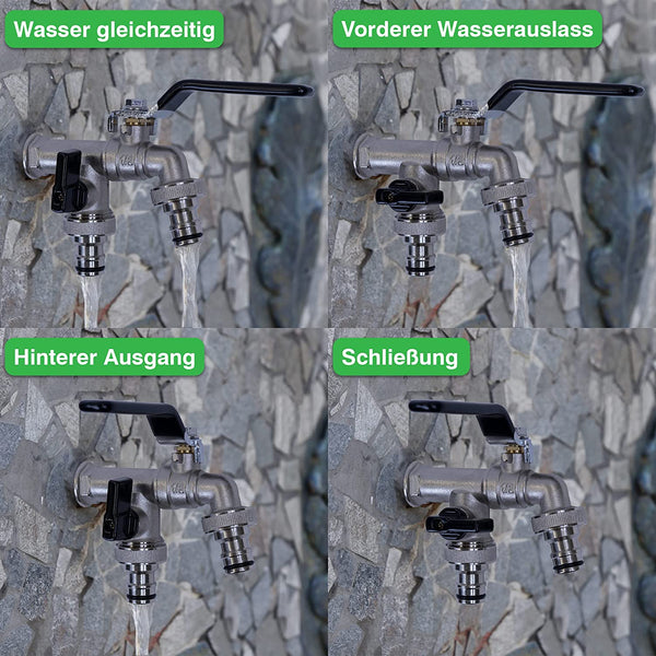Vier Konfigurationen eines yourcisade.com YourCasa® Wasserhahn Garten - Messing, Frostsicher, inkl. Zubehör Zweiauslasshahns mit beschrifteten Funktionen: gleichzeitiger Wasserfluss, vorderer Wasserauslass, hinterer Auslass und geschlossene Position.